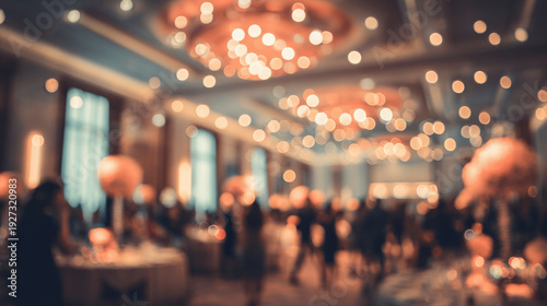 Blurred background event people dancing warm light chandelier celebration party festive atmosphere indoor