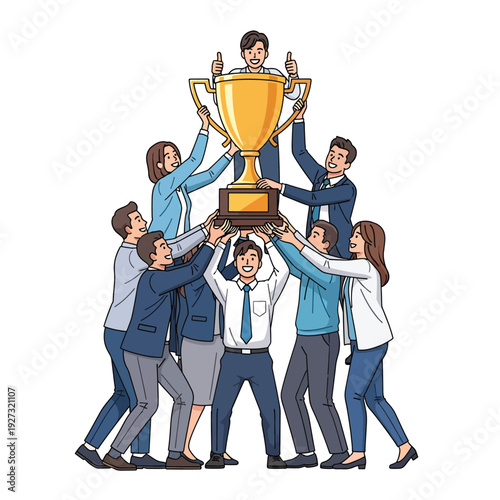 A team of business professionals collaborating to lift a large trophy together, celebrating business success and achievement