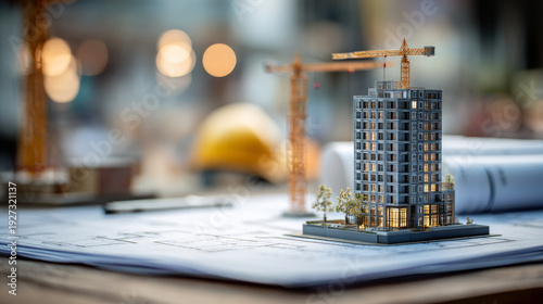 Miniature model of modern building with construction cranes and architectural plans, showcasing detailed design and warm lighting