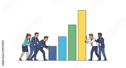 Business Professionals Collaborating to Build a Bar Graph Illustrating Success in a Modern Office Environment from a Side Viewpoint