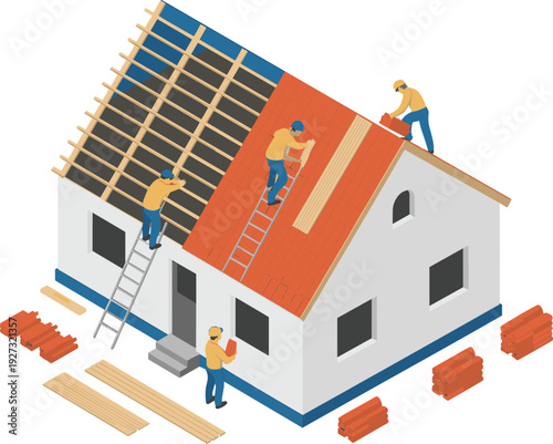 Roof repair workers installing tiles on residential house illustration showing construction renovation, roofing maintenance service, home improvement building industry concept