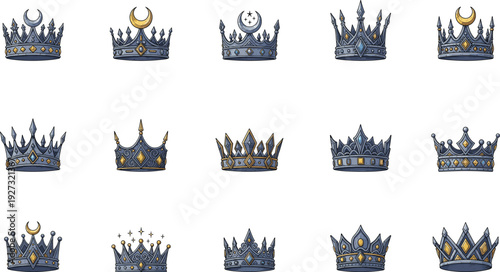 Royal crown illustration set, ornate king queen tiara collection with luxury jewels medieval monarchy symbols isolated vector regal design