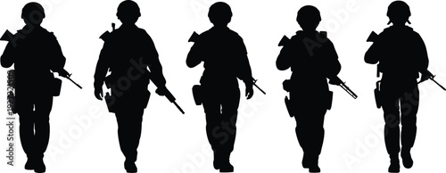 Soldier silhouette patrol illustration, armed military troops walking poses, tactical combat figures, army defense security concept, isolated black vector