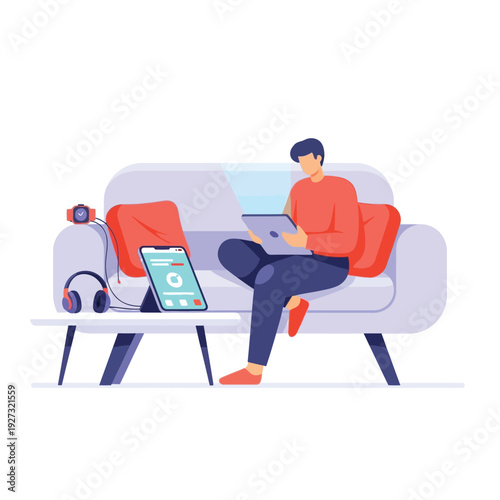 A person sitting comfortably on a sofa using a tablet, with headphones and a smartwatch nearby, illustrating modern digital lifestyle and remote work