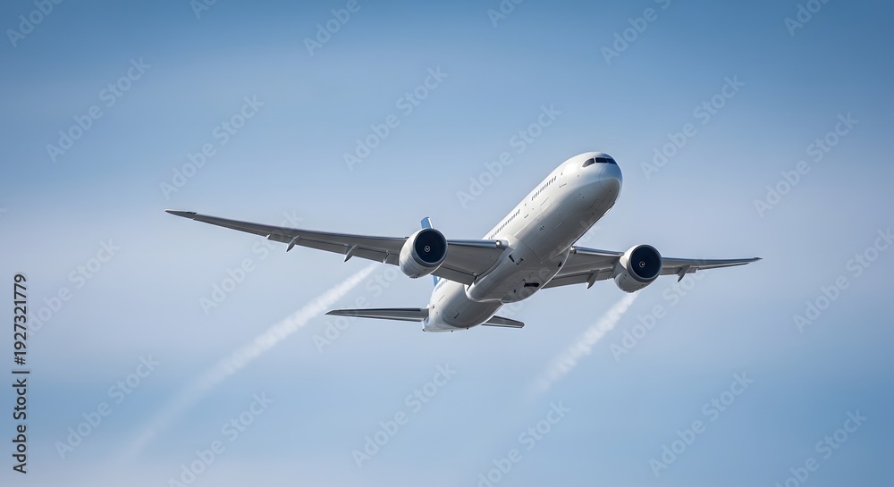 Obraz premium Commercial airplane flying high in a clear blue sky with contrails.