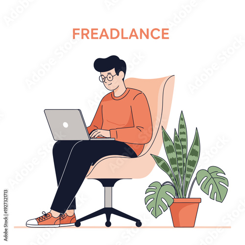 A creative freelance professional working on a laptop while seated in a comfortable office chair next to a potted snake plant, illustrating remote work productivity