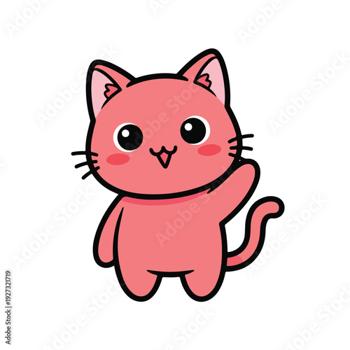 Cute pink cat with big eyes and rosy cheeks waving