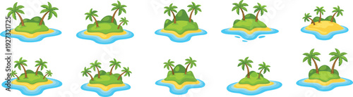 Tropical island illustration set, cartoon palm beach landscapes collection, exotic ocean scenery vector art isolated, summer travel paradise design