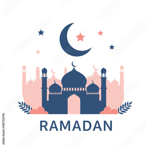 Beautiful flat design vector art showcasing a grand mosque with minarets and domes beneath a glowing crescent moon and scattered stars, ideal for religious observance