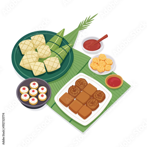 A delightful spread of traditional Southeast Asian delicacies, showcasing savory snacks and sweet treats perfect for celebrations and gatherings
