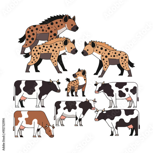 Cows and spotted horses standing and grazing in a group