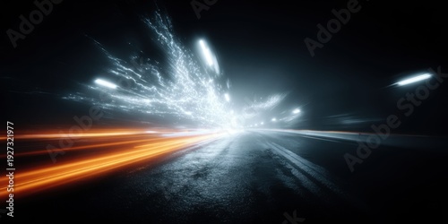 Abstract light trails and streaks on a wet road at night, creating a sense of speed and energy