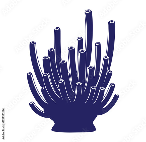 blue vase with many sticks coming out of it on white background