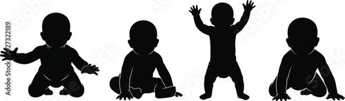 Infant Development Silhouettes Showing Baby Crawling and Standing Stages for Early Childhood Growth, Human Development, and Parenting Educational Illustrations