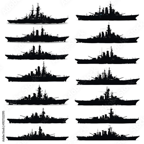 battleship silhouettes, naval vessels, warship icons, military ships, black outline, ship profiles, side view, front view, grid layout, maritime design