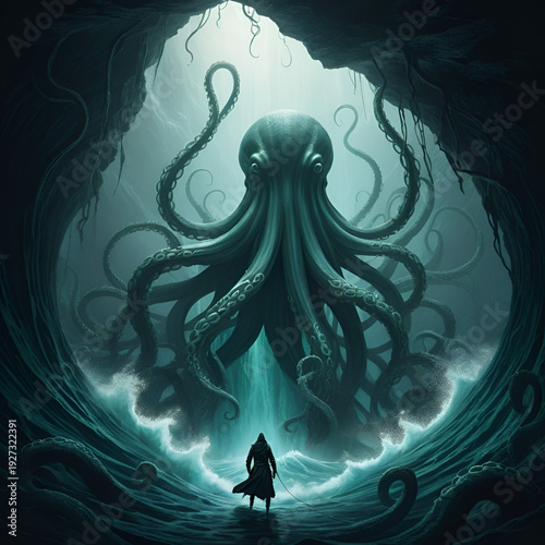 Tentacles emerging from a churning abyss, reaching out to ensnare a fleeing figure.