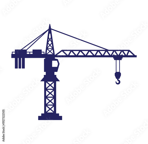 Construction crane silhouette with hook and boom on white background