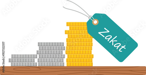 Zakat Concept Illustration with Stacked Coins and Tag for Islamic Charity and Financial Donation