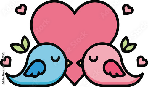 Cute Cartoon Love Birds with Heart and Leaves for Valentine’s Day and Romantic Designs