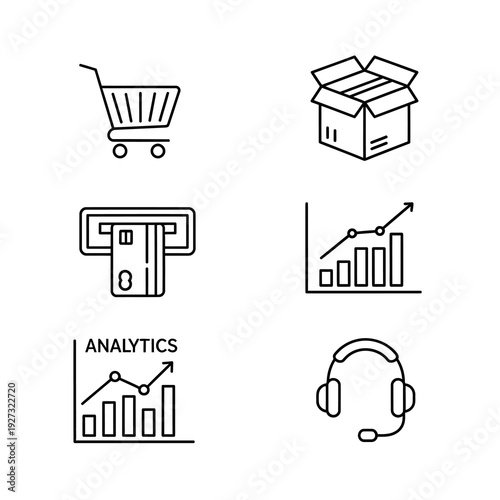 Set of icons depicting e-commerce and business operations, including shopping cart, package, credit card, and analytics graphs