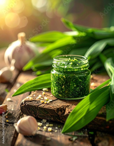 Wallpaper Mural Hausgemachtes Bärlauchpesto auf rustikalem Holztisch mit Platz für Text Torontodigital.ca