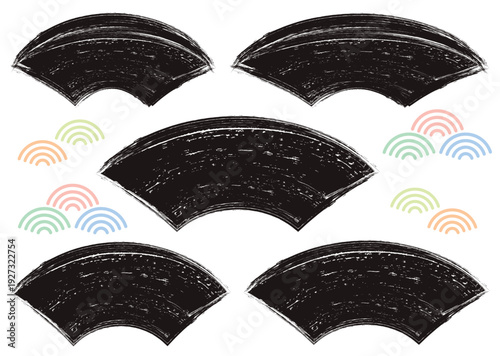 手描き筆タッチの和風扇型フレームセット/黒