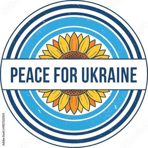 Peace for Ukraine badge with sunflower and blue circular design symbolizing support and solidarity