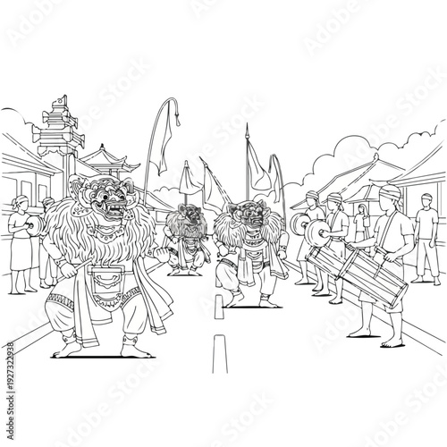 Lion dance performance at traditional festival with crowd