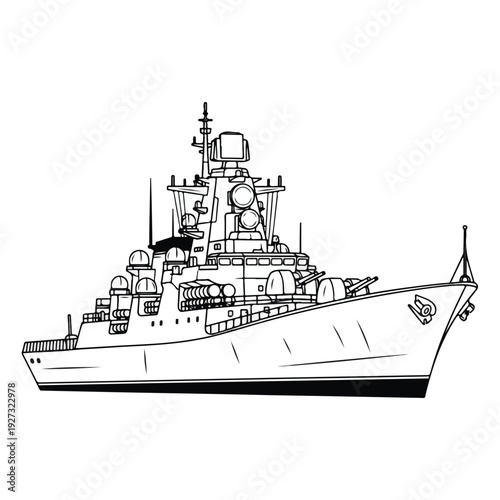 Warship vessel with radar and communication systems on deck