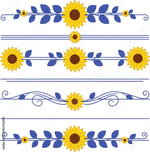 Sunflower floral dividers with blue leaves, decorative vector borders for invitations and stationery