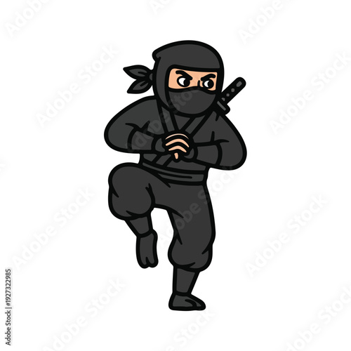 Cartoon ninja character in black costume with sword