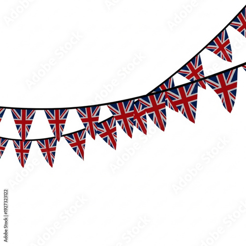 A string of Union Jack flags hangs from a wire against a plain white background, a festive decoration for celebrations and events.
