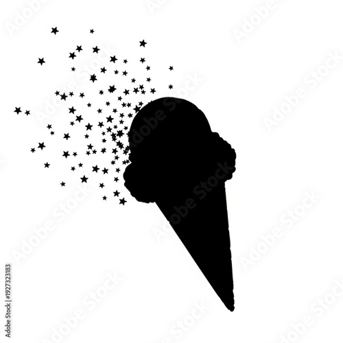 Silhouette of an ice cream cone with magic stars bursting out from the top, viewed from the side