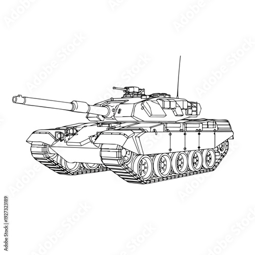 Military tank with long gun barrel on white background
