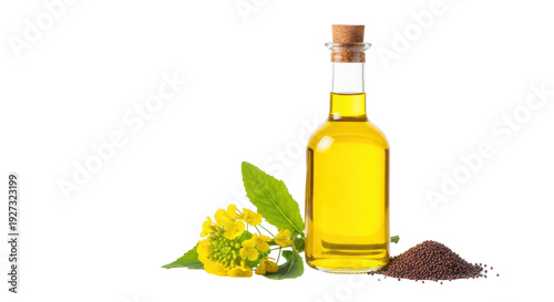 elegant clear bottle of golden oil, cork stopped, beside fresh yellow blossoms and glossy brown mustard seeds on a transparent studio background. concept of organic food origins.