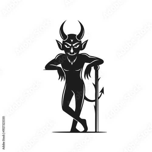 Black silhouette of a devil character with horns and pitchfork