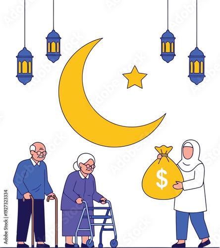 Charity Donation to Elderly During Ramadan with Islamic Lanterns and Crescent Moon Illustration