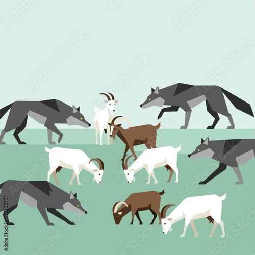 Goats and wolves walking together on green grassy field