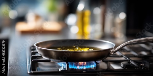 Frying pan with oil heating on a gas stove with blue flames