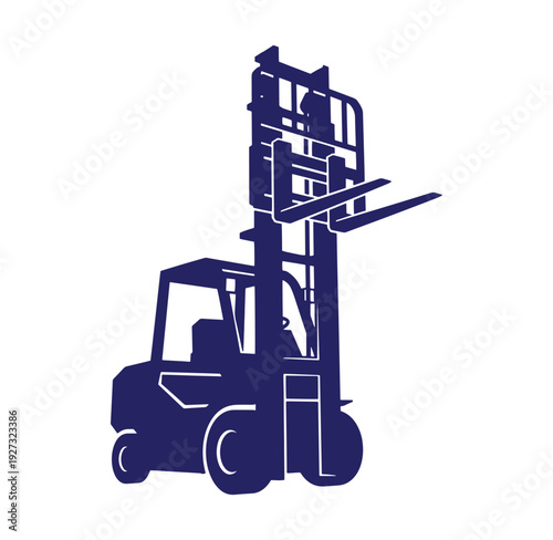 Dark blue forklift machine with elevated pallet forks in profile view on white background