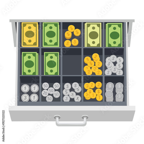 Organized Cash Box with Coins and Bills for Financial Planning and Accounting