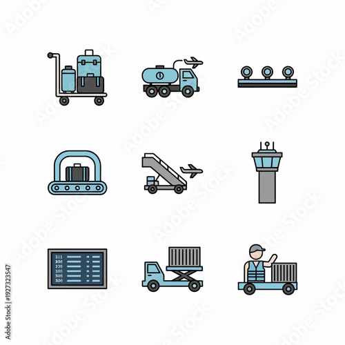 Comprehensive Flat Design Vector Icon Set Illustrating Essential Airport Operations, Ground Handling Services, and Air Travel Logistics