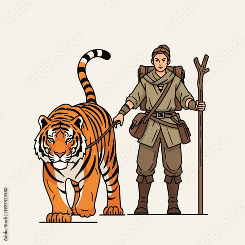 Traveler with backpack walks with tiger on leash adventure