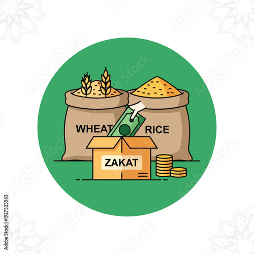 Zakat donation concept with wheat, rice, money, and coins for Islamic charity and Ramadan giving