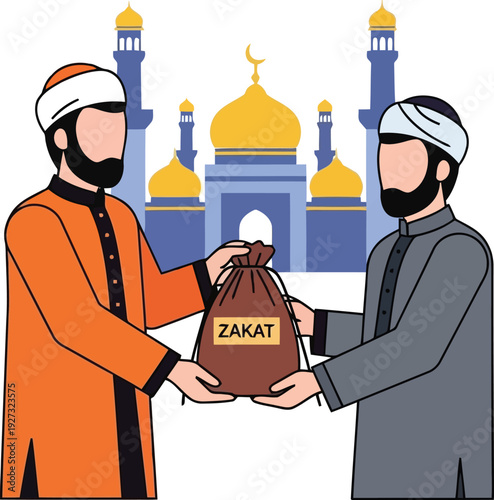 Muslim men exchanging zakat donation in front of mosque during Ramadan charity illustration