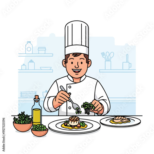 Smiling chef preparing food in a kitchen with fresh ingredients