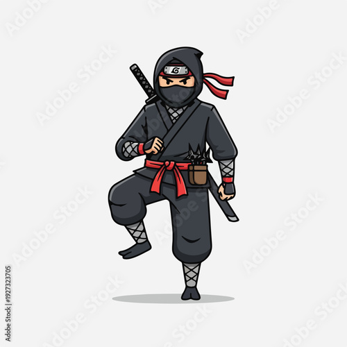 Cartoon ninja character with swords in stealthy pose
