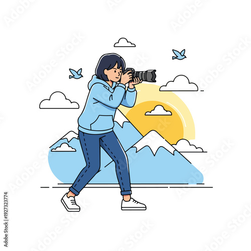 Woman taking a picture with a camera in front of a mountain range at sunset