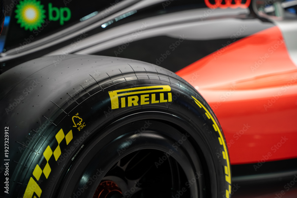 Fototapeta premium Close up of Pirelli racing tire on Formula 1 car. Toronto, Canada - February 18, 2026.