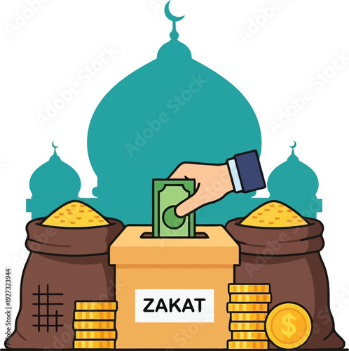 Zakat donation illustration with mosque background, money, coins, and charity box for Islamic giving